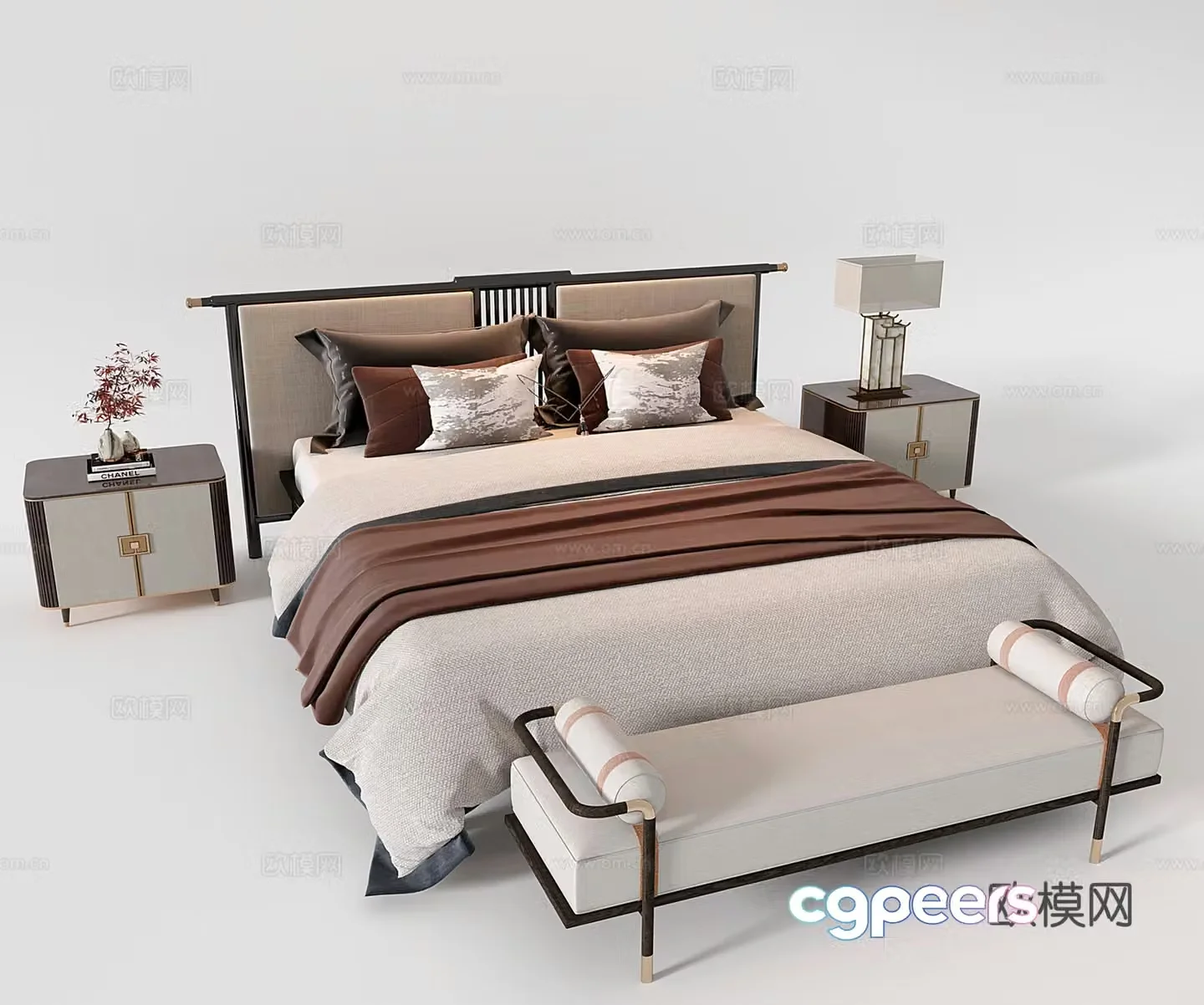 New Chinese style wooden double bed bed nightstand bed stool 3D model