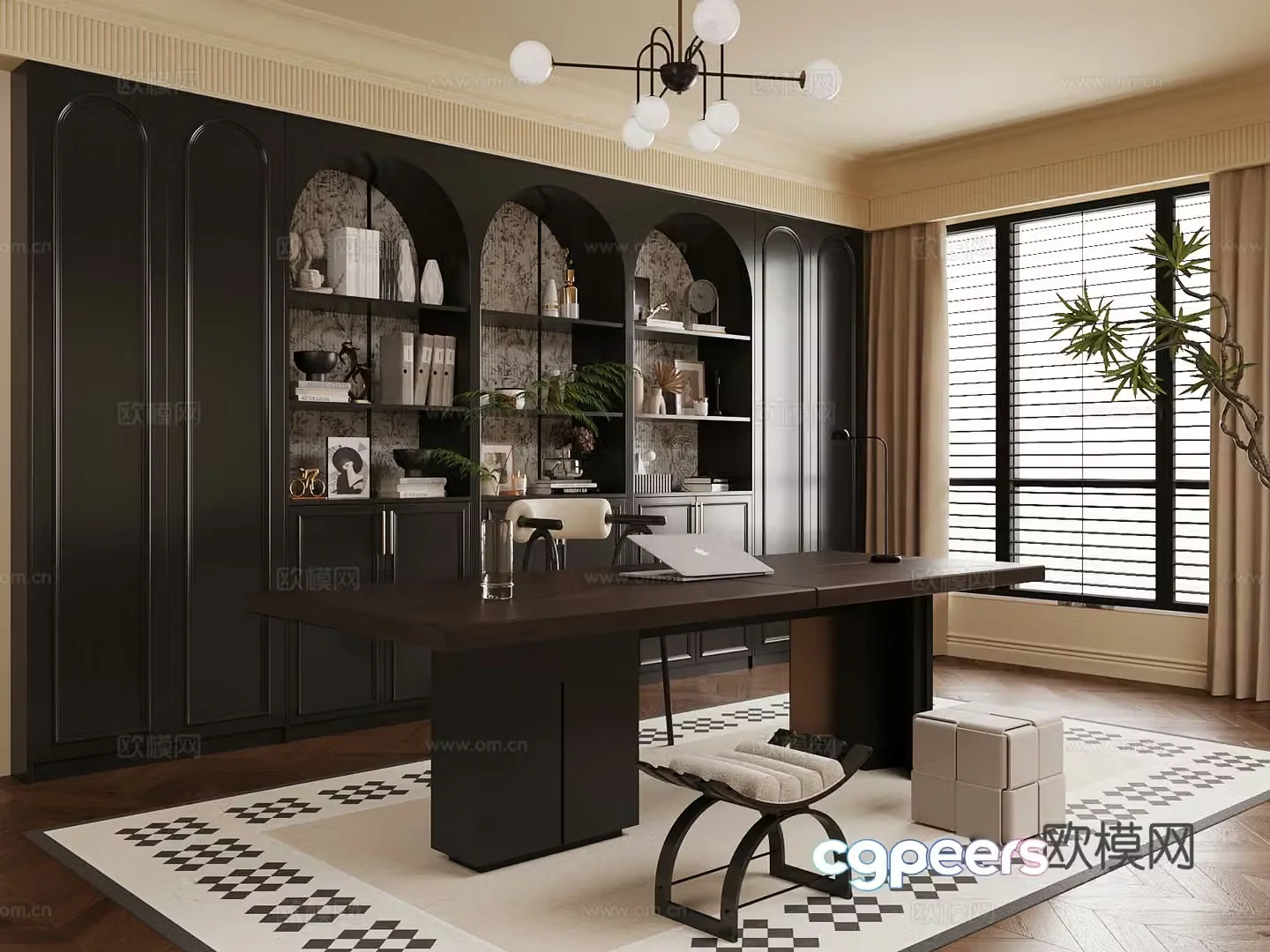 02 study French study desk chair bookcase 3d model