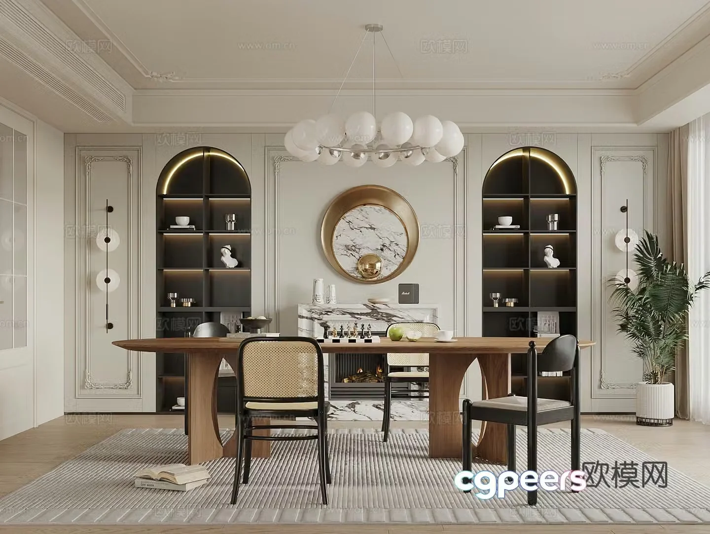 French retro style restaurant dining table and chair combination wine cabinet sideboard restaurant chandeliers green plants 3D model