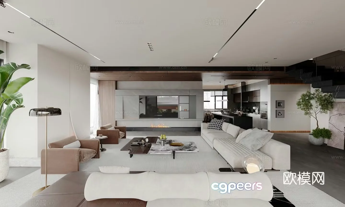 Modern Italian living room large flat living room villa living room horizontal hall sofa and coffee table combination medium 3D model