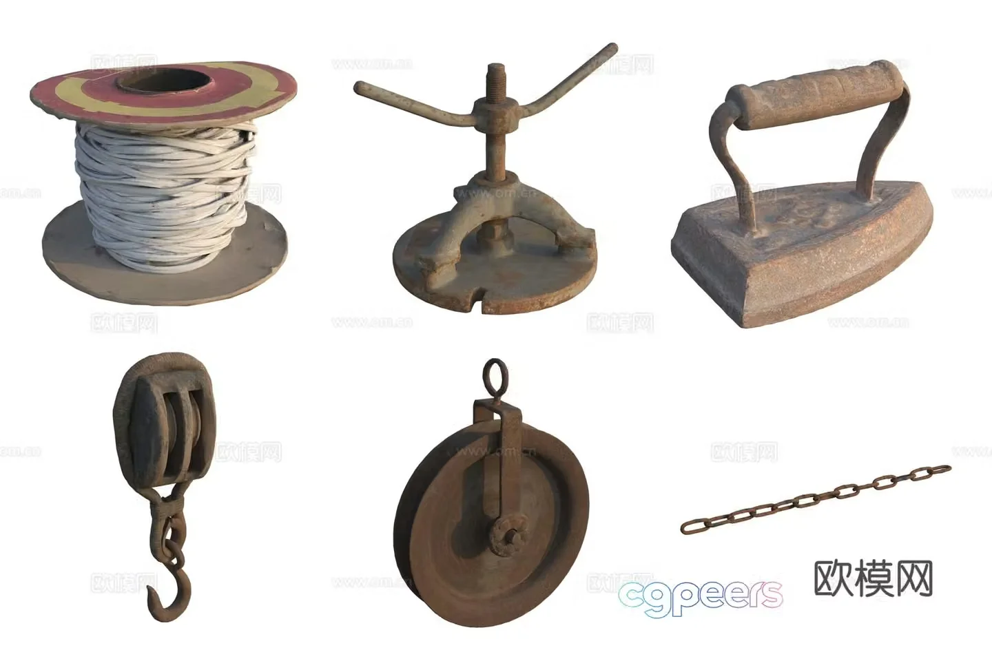 Tools and accessories Auto repair parts iron pulley set iron hook iron chain rope 3d model
