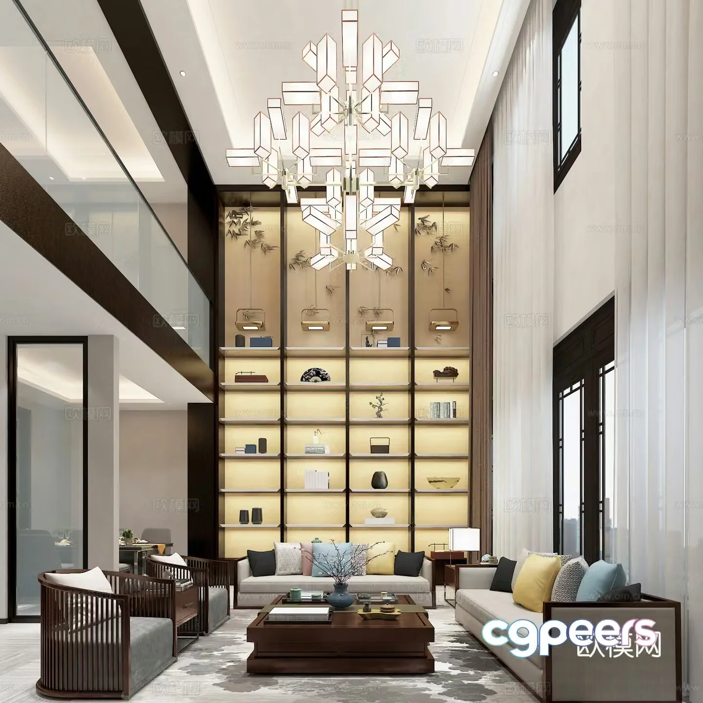 New Chinese style villa empty living room 3D model