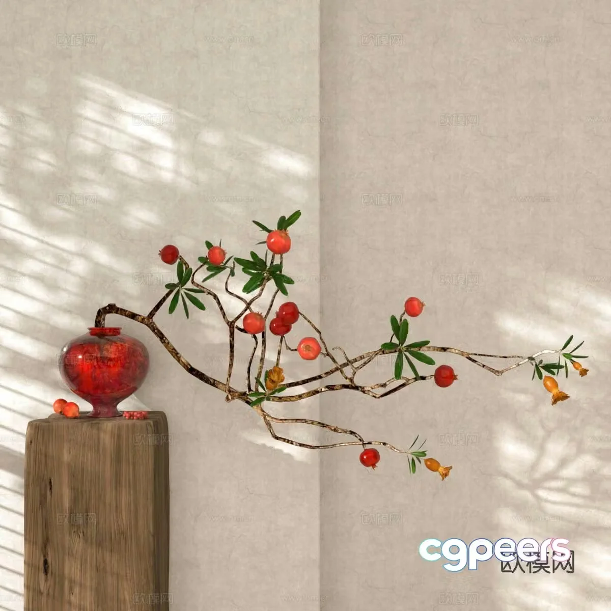 Wabi-sabi pottery vase floral arrangement dried branches 3d model