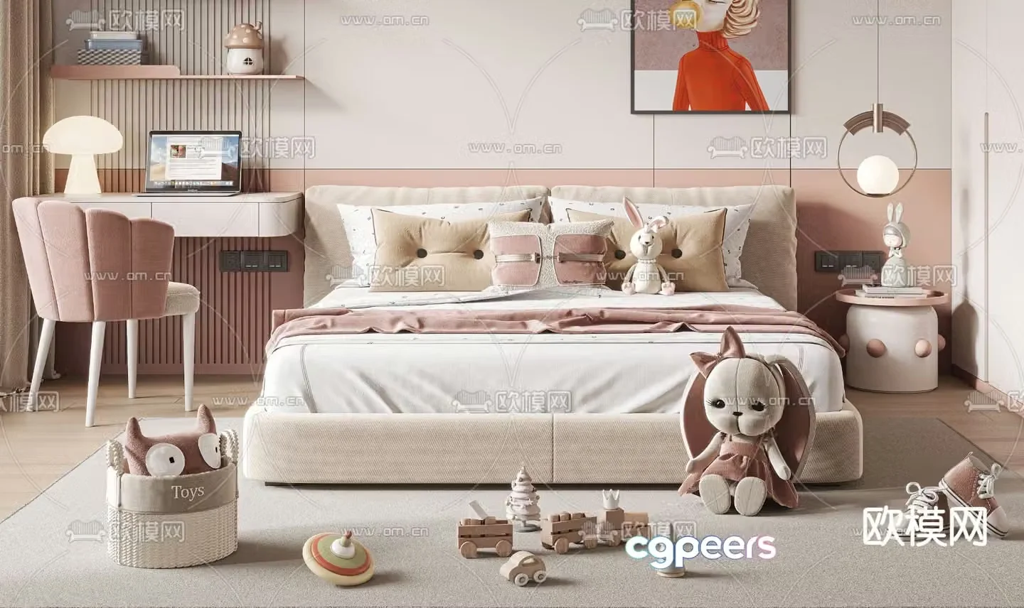 Fabric double bed girl bed 3d model