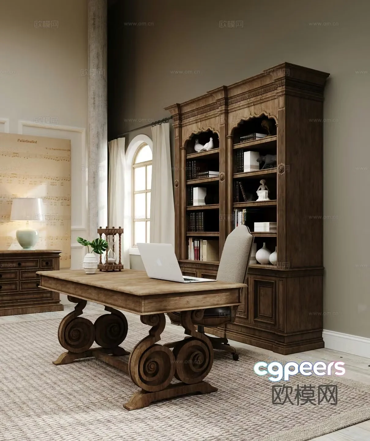 European classical study single chair desk bookcase entrance cabinet carpet decoration desk lamp 3D model