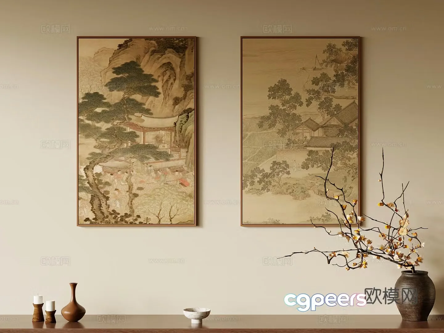 Decorative painting Song style wind hanging painting Decorative painting Dry branch bonsai 3D model
