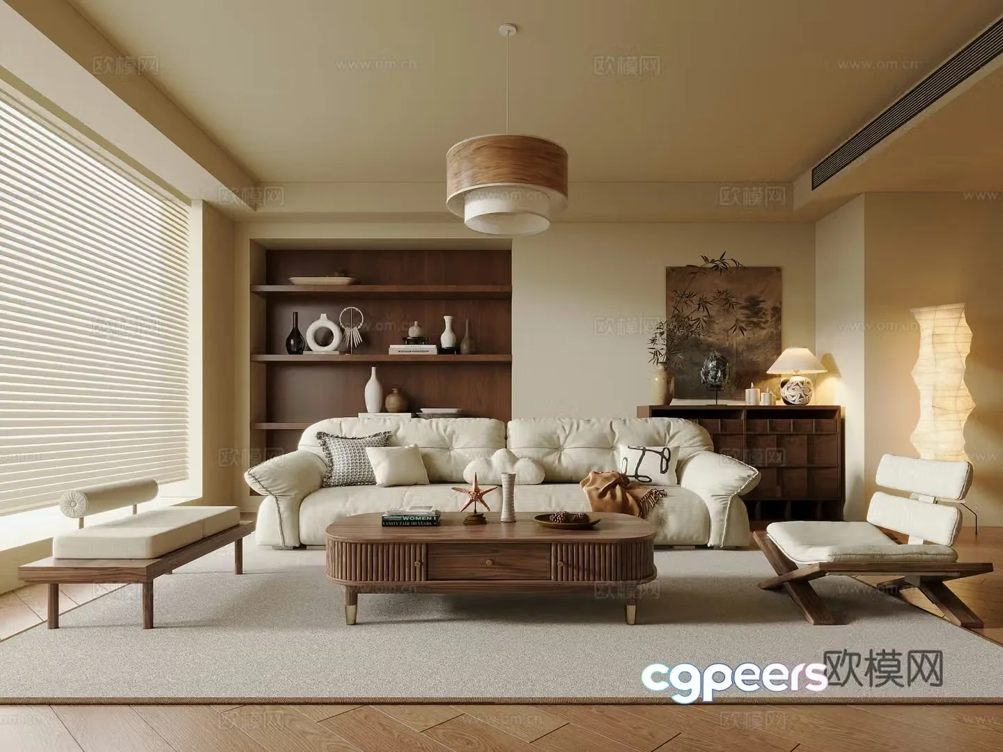 Wasabi Middle Style Home Living Room Small Living Room Fabric Sofa Tea Table Combination Solid Wood Coffee Table 3D Model