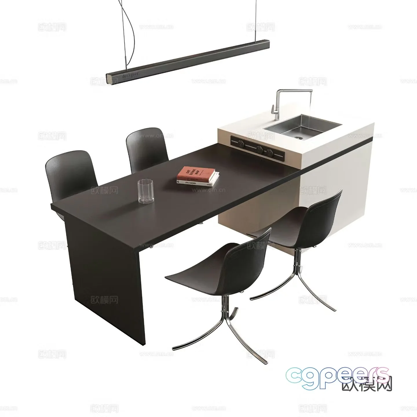 Modern island dining table and chairs 3d model