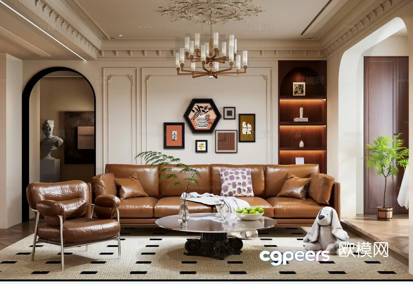 French medieval style living room retro chandeliers sofa and coffee table combination platform living room sculpture decorative 3D model