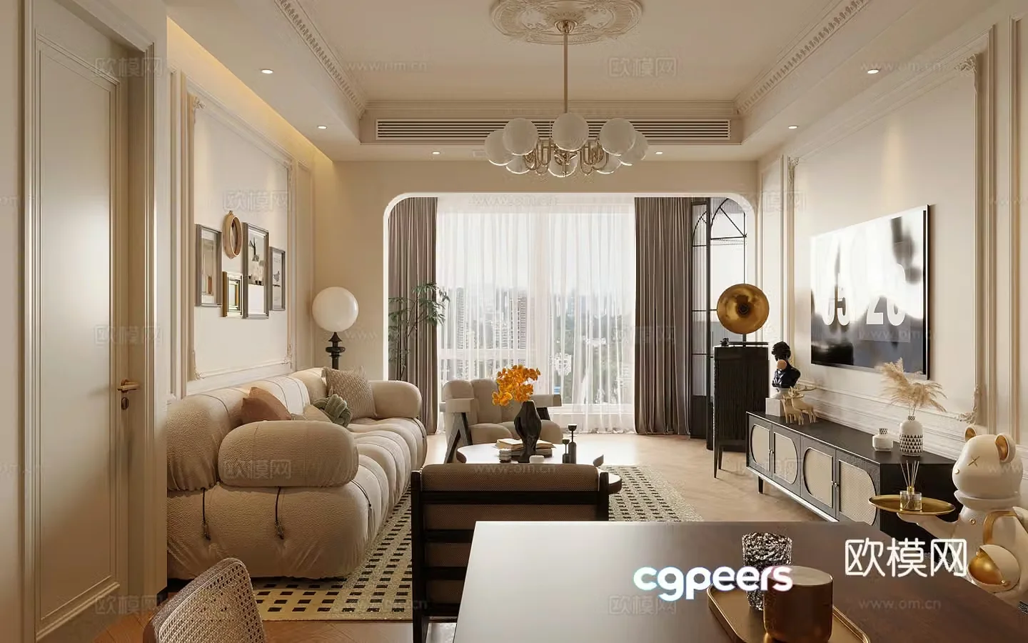 Middle style living room large flat floor living room sofa and coffee table combination middle style dining table and chair 3D model