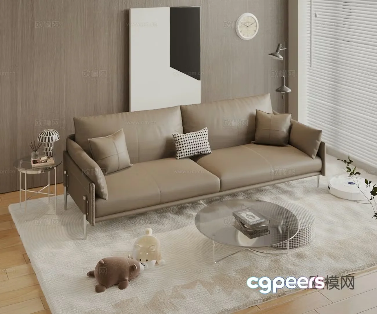 Modern retro double sofa leather sofa casual sofa pillow sweeping robot 3d model