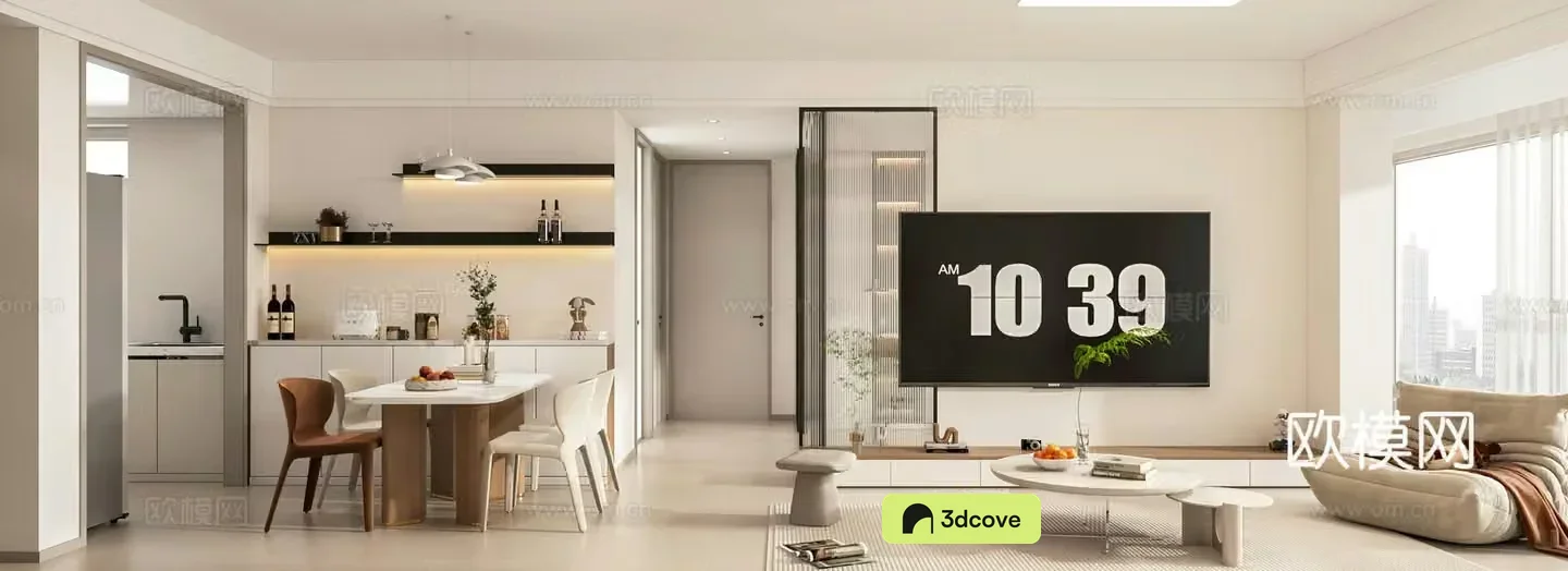 Modern living and dining room open kitchen study bookcase