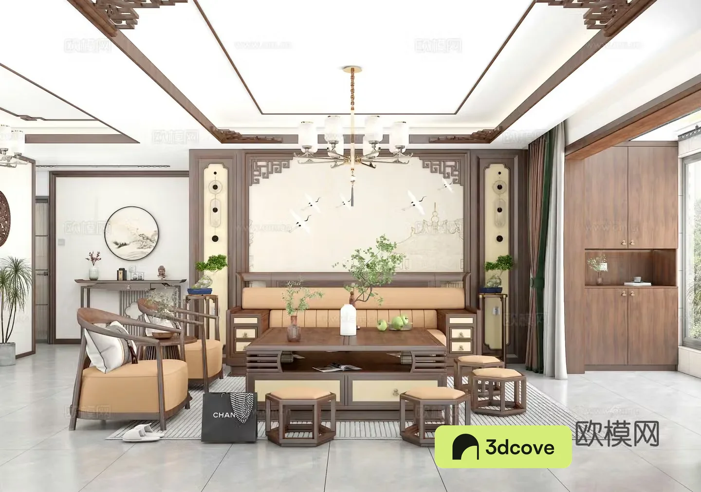 New Chinese living room sofa coffee table combination three-person sofa large coffee table small stool