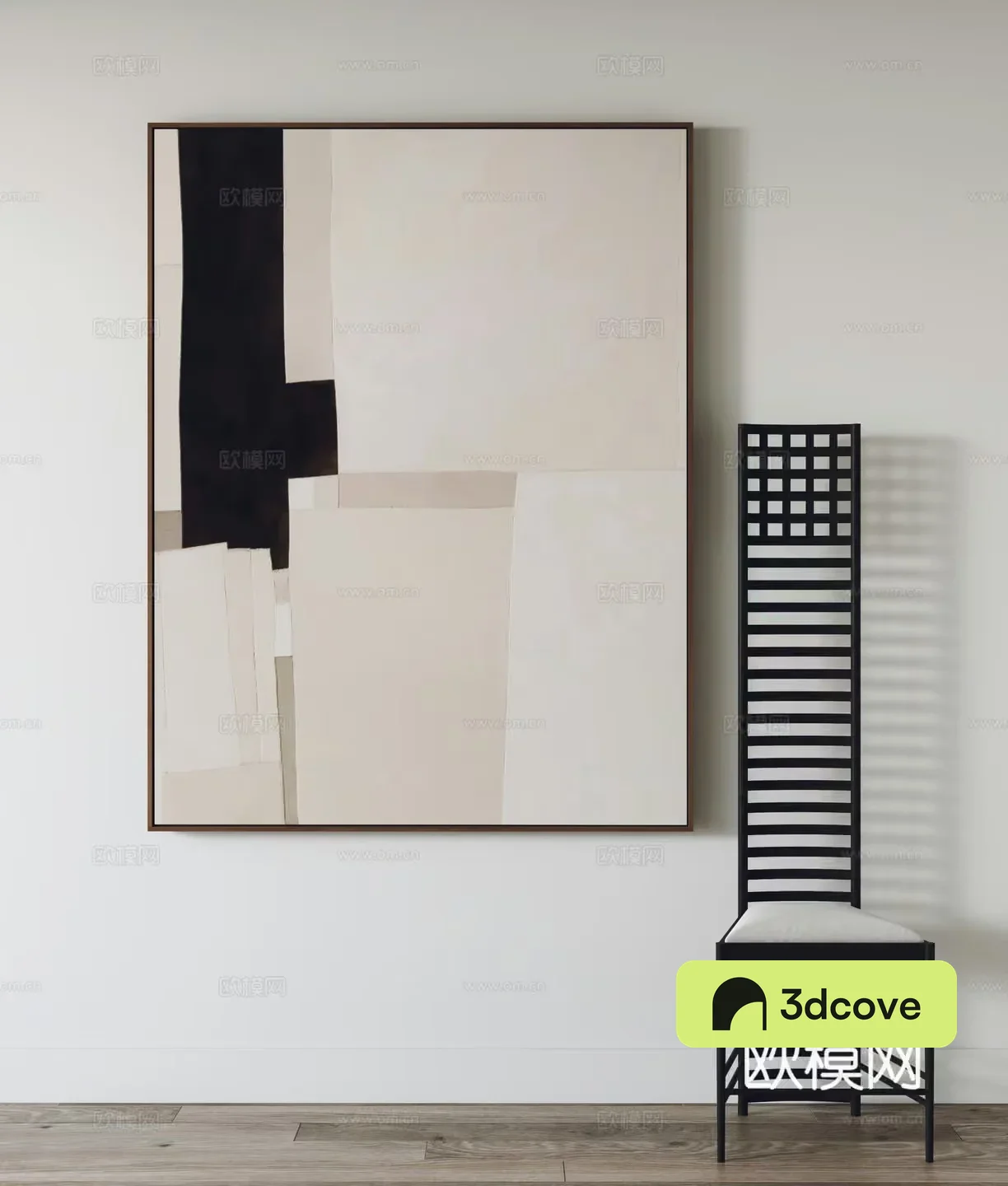 A Black And White Abstract Painting With A Tall Chair