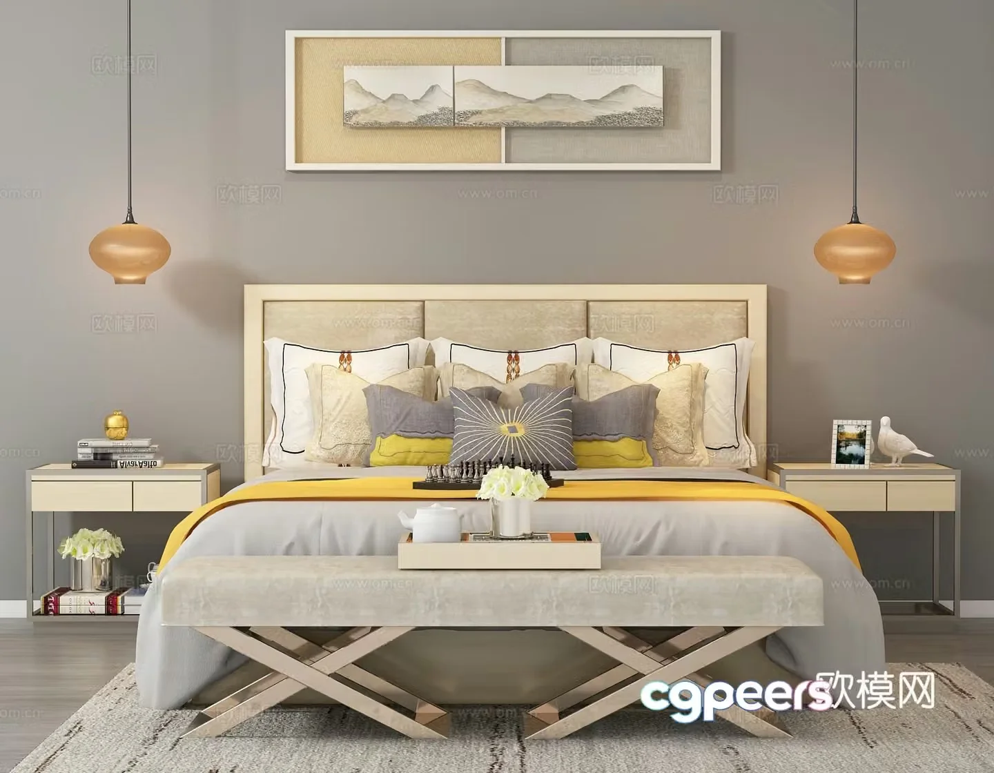 Modern double bed desk lamp hanging painting 3d model