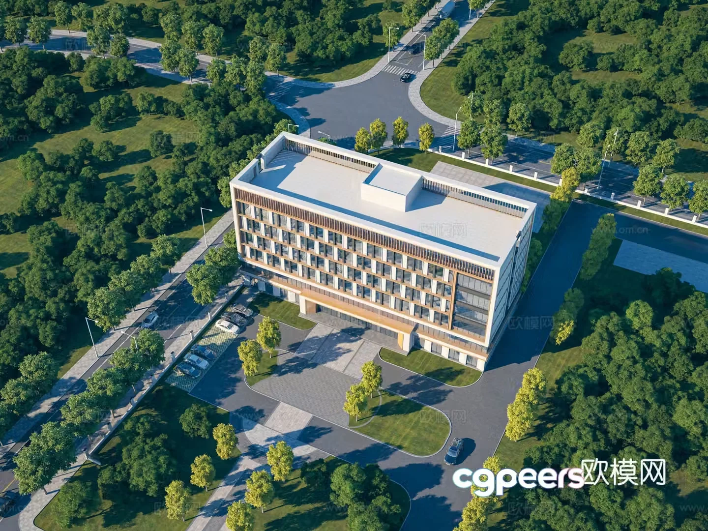 Aerial view 3d model of modern office building