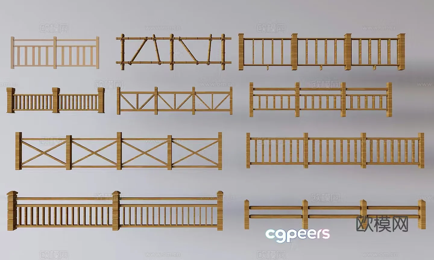 Chinese fence stair guardrail solid wood railing fence bamboo fence partition guardrail 3D model
