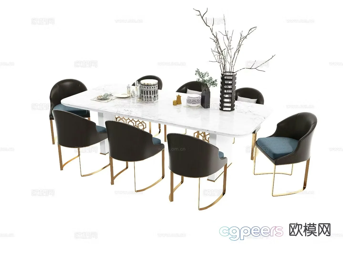 Modern long dining table and chairs 3d model