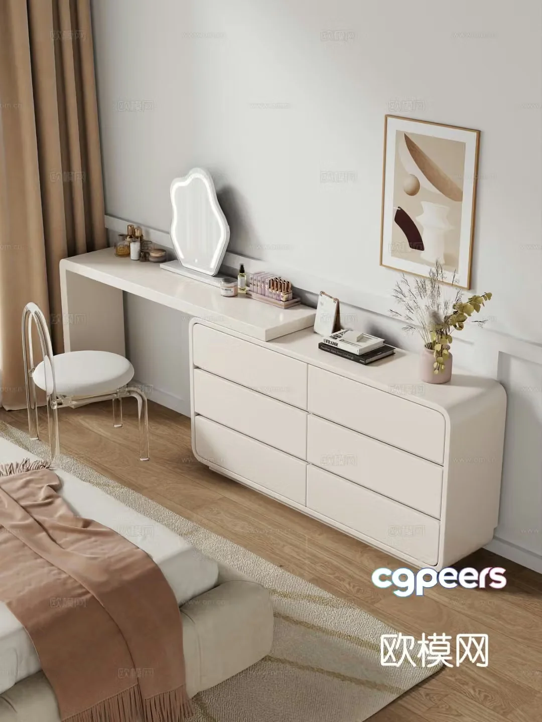 Cream style dressing table makeup stool combination dressing table makeup stool mirror decoration hanging painting 3D model
