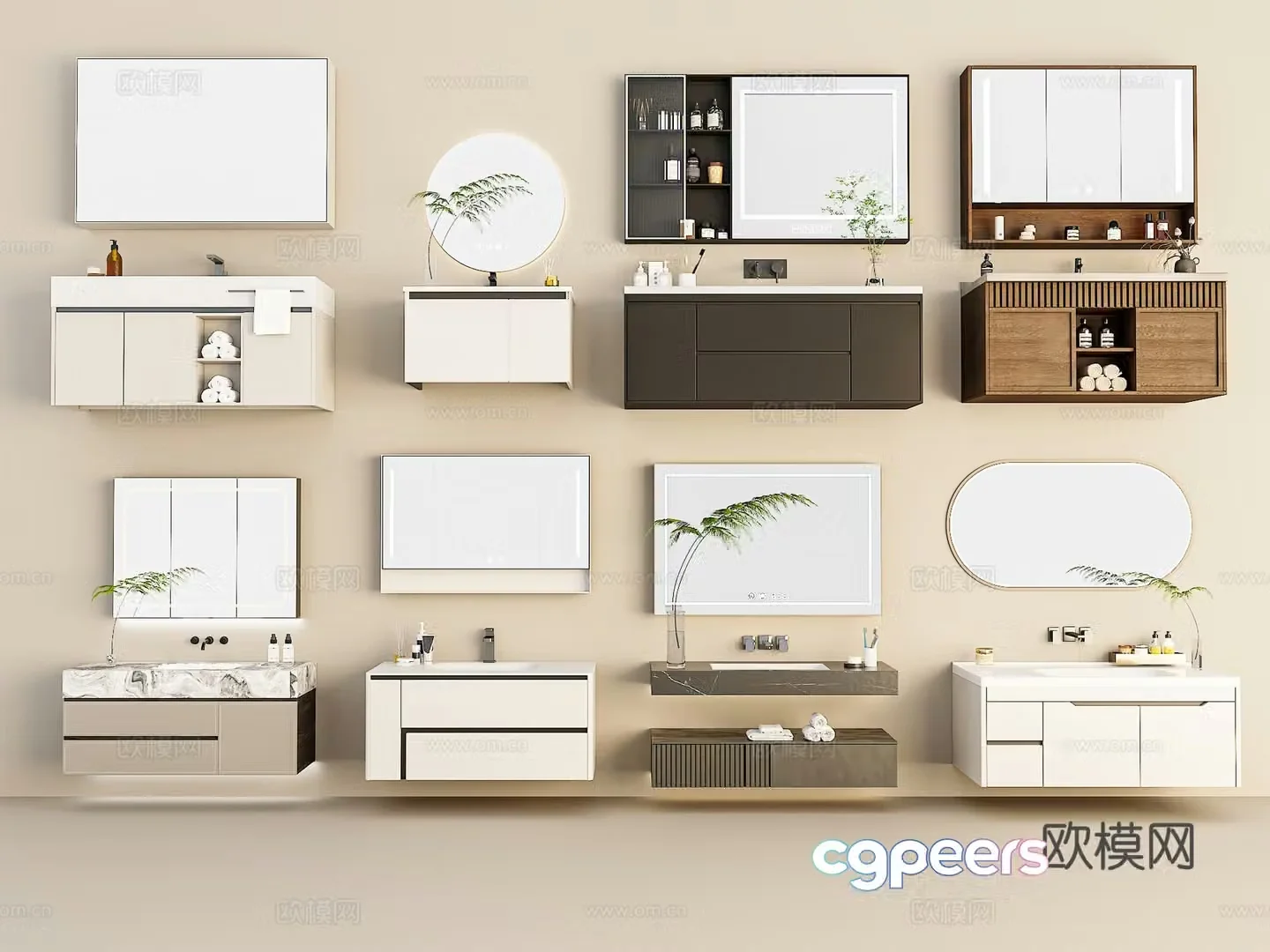 Bathroom cabinet combination Bathroom supplies ornaments Wash basin Green plants Faucet Mirror cabinet 3D model