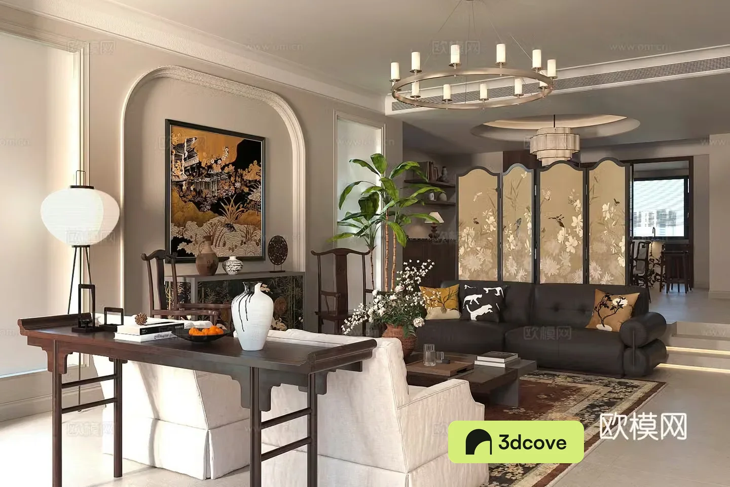Medium style home living room sofa and coffee table combination horizontal room and living room French retro style living room 3D model
