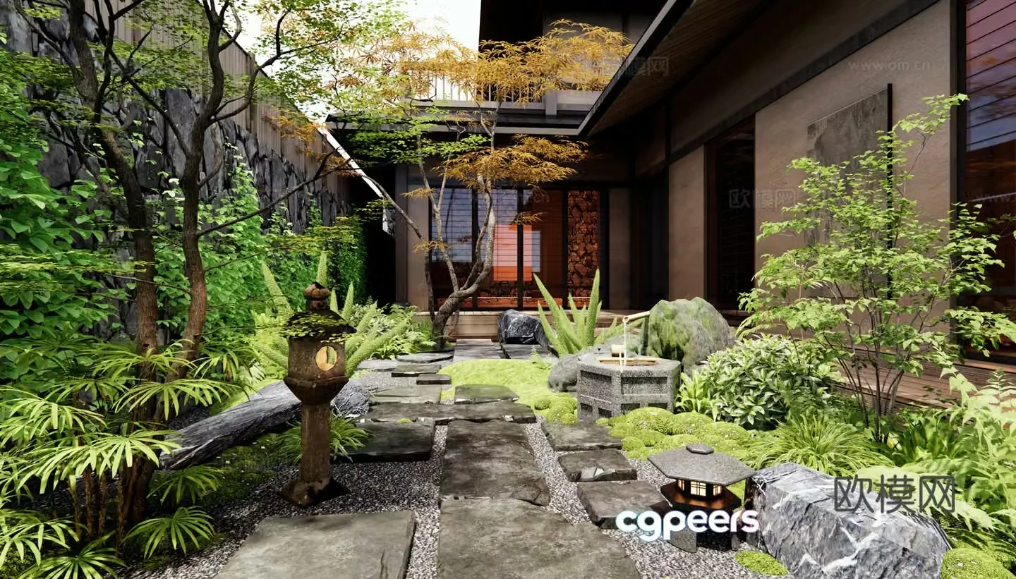 Japanese Zen Garden Garden Tingbu Bluestone Slab Water Bottle Water View Plant Combination Moss Landscape 3D Model