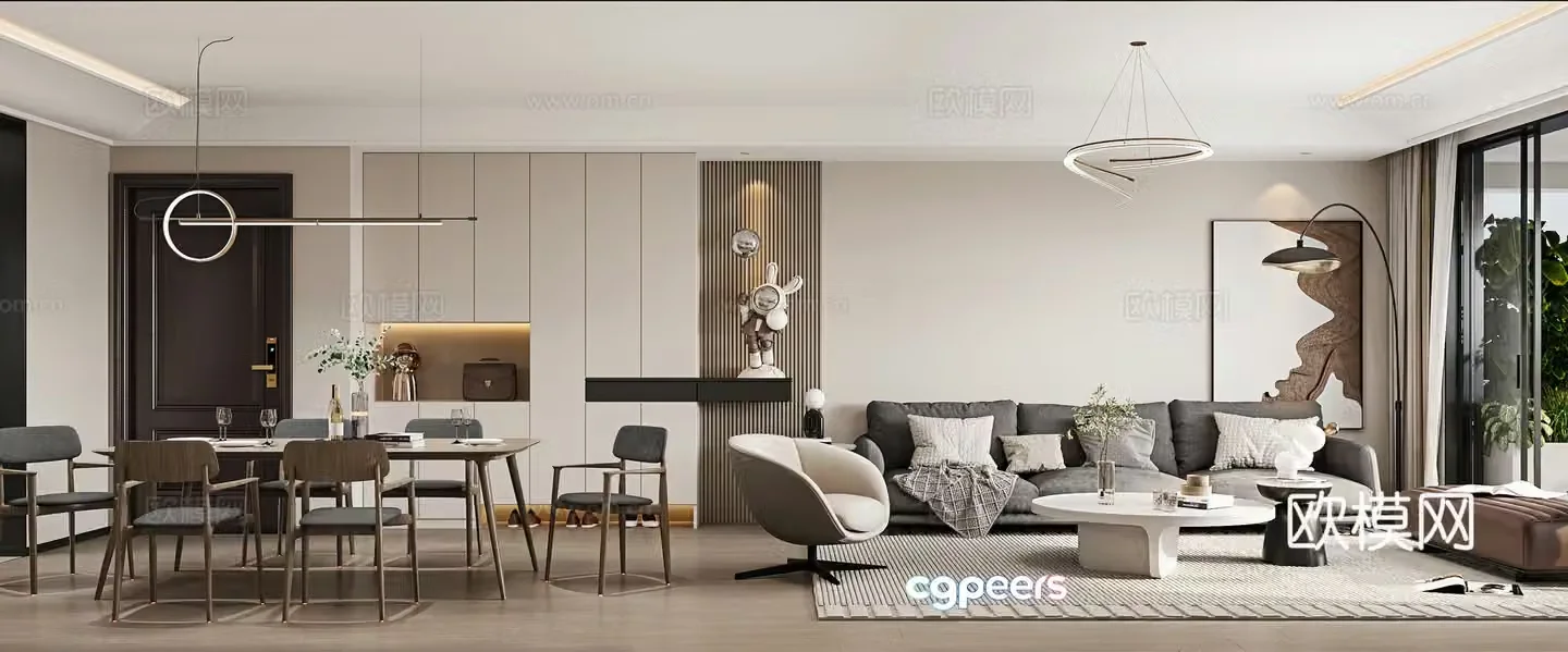 Modern living and dining room 3D model 3D model