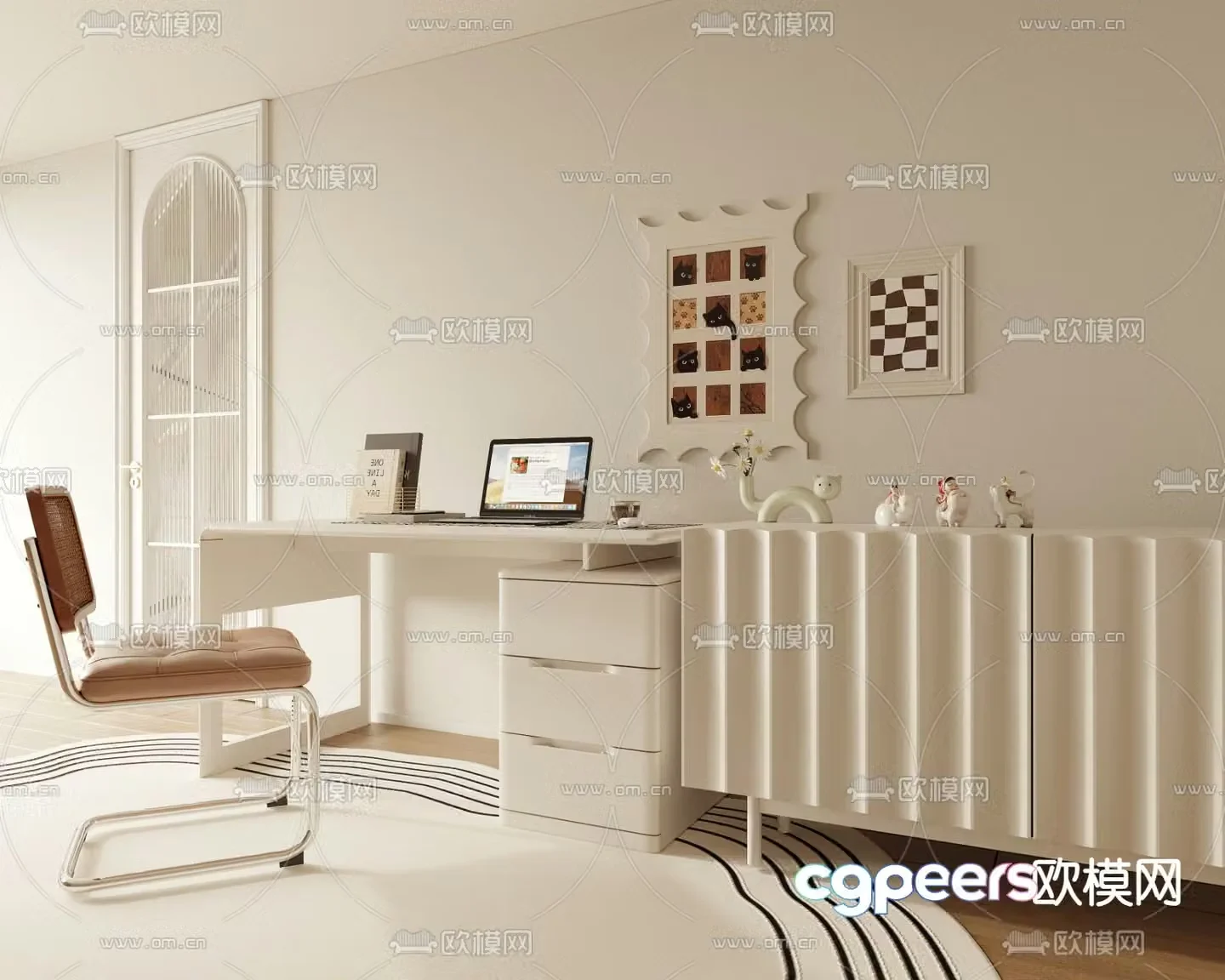 Cream style desk computer desk study table 3d model