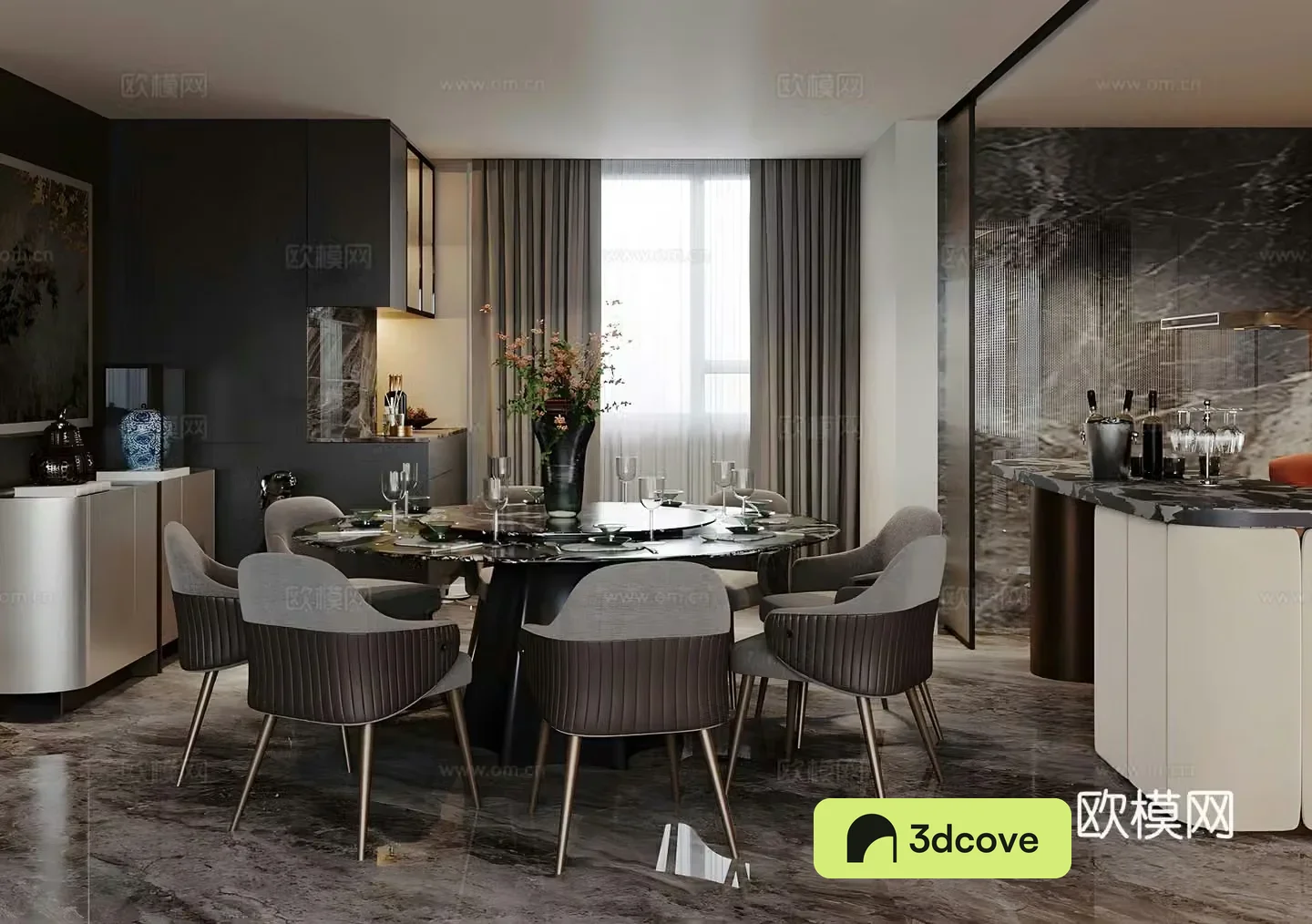 Italian light luxury home restaurant Island restaurant Marble oval dining table Kitchen restaurant Round dining table