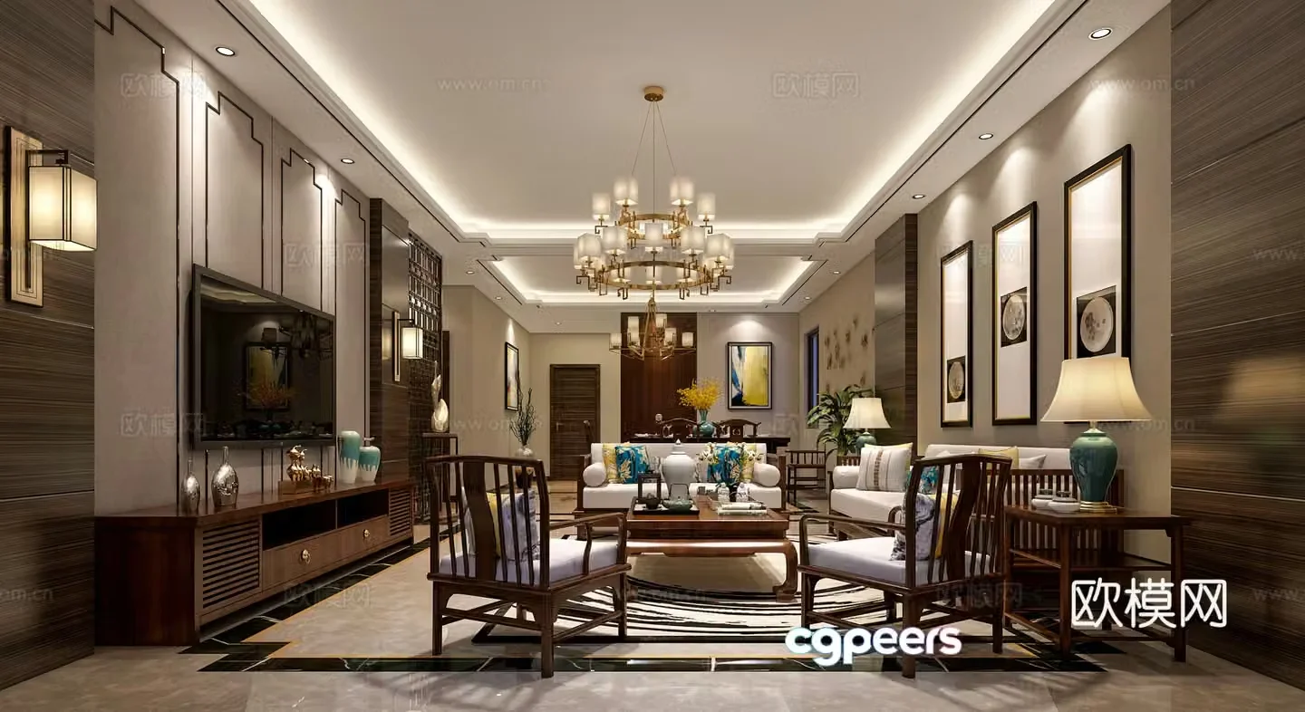 New Chinese style living and dining room sofa combination hanging painting chandeliers wall lamp dining table 3D model