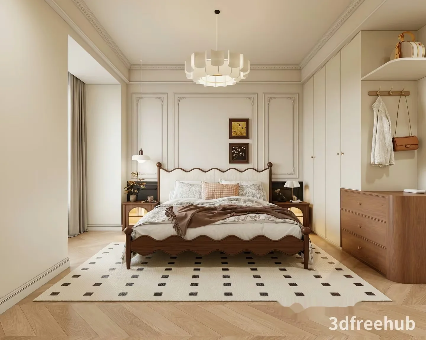 A Bedroom With A Wooden Bed 3D Model – 21941 – VRAY Render