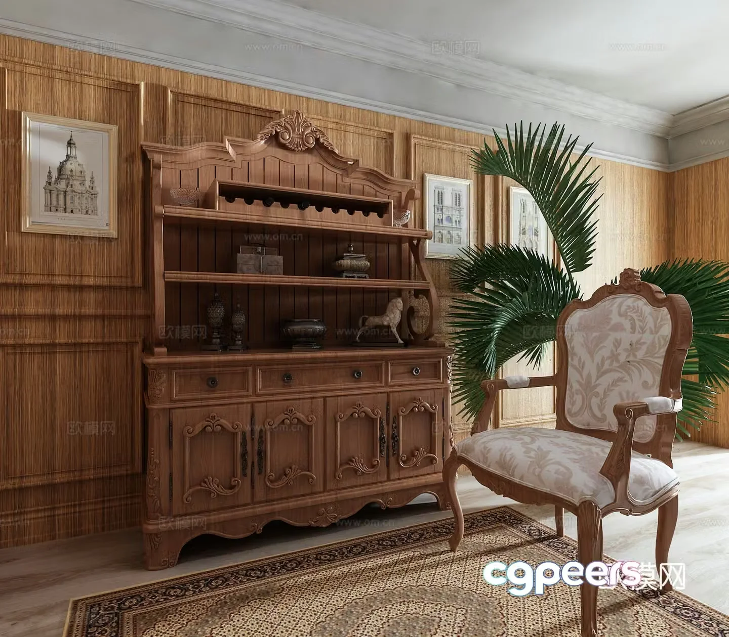 European wine cabinet leisure chair plant combination decorative painting decoration 3D model
