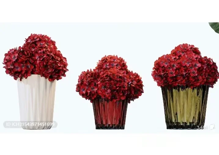 Three Vases With Red Flowers 3D Model – 9432 – VRAY Render