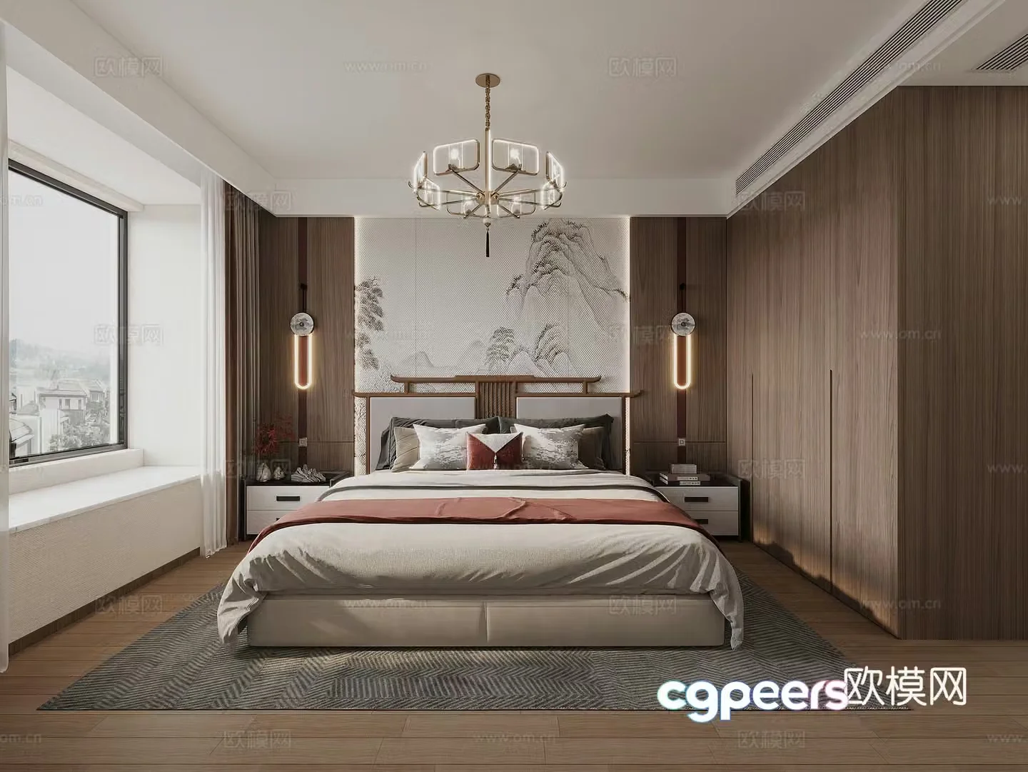 New Chinese style bedroom bedside table chandeliers wall lights 3d model