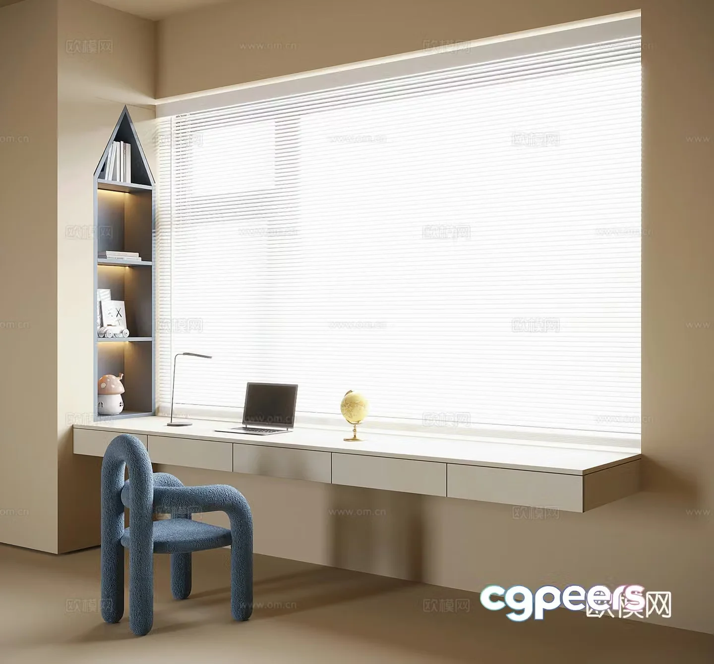 Modern hanging desk and chair venetian blinds children’s room 3d model