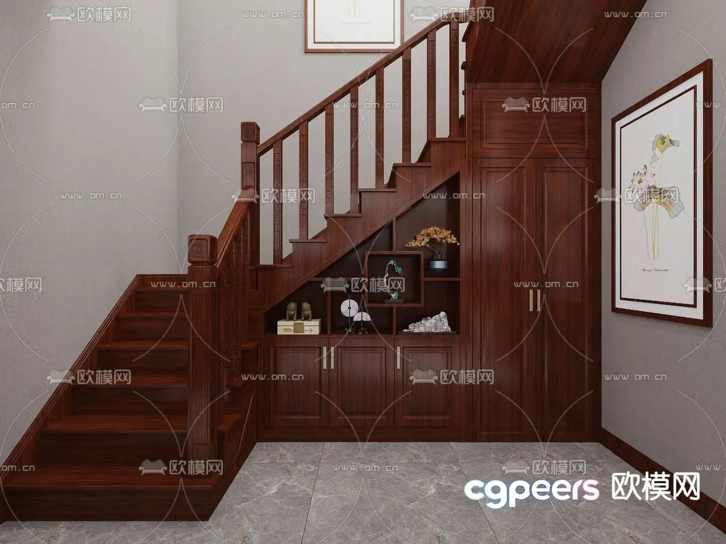 New Chinese style handrail staircase mahogany staircase 3D model