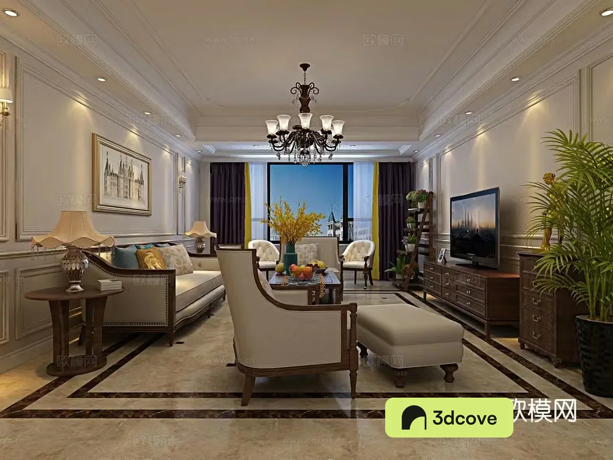 American living and dining room Meike Meijia furniture marble floor