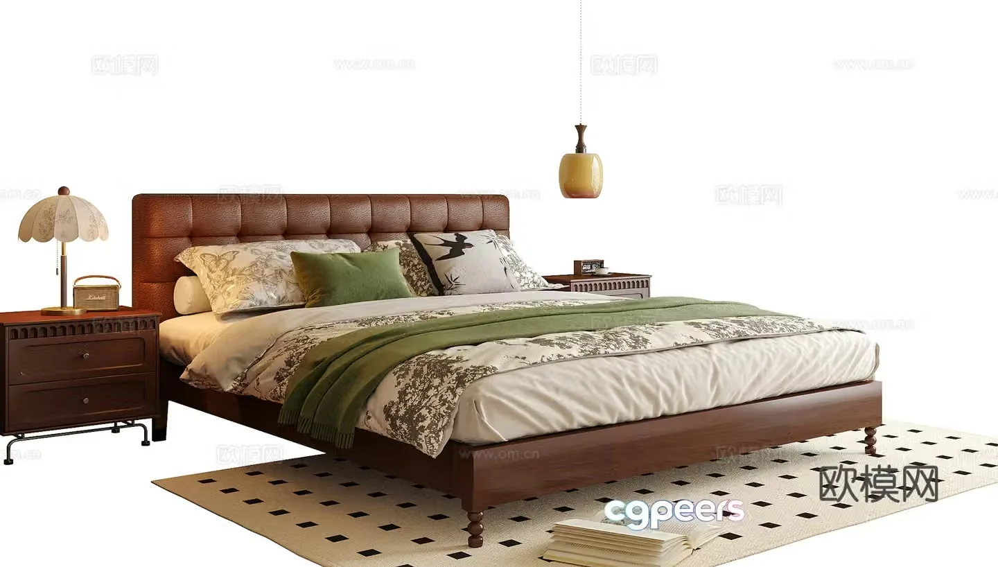 French double bed nightstand bedside chandeliers 3d model