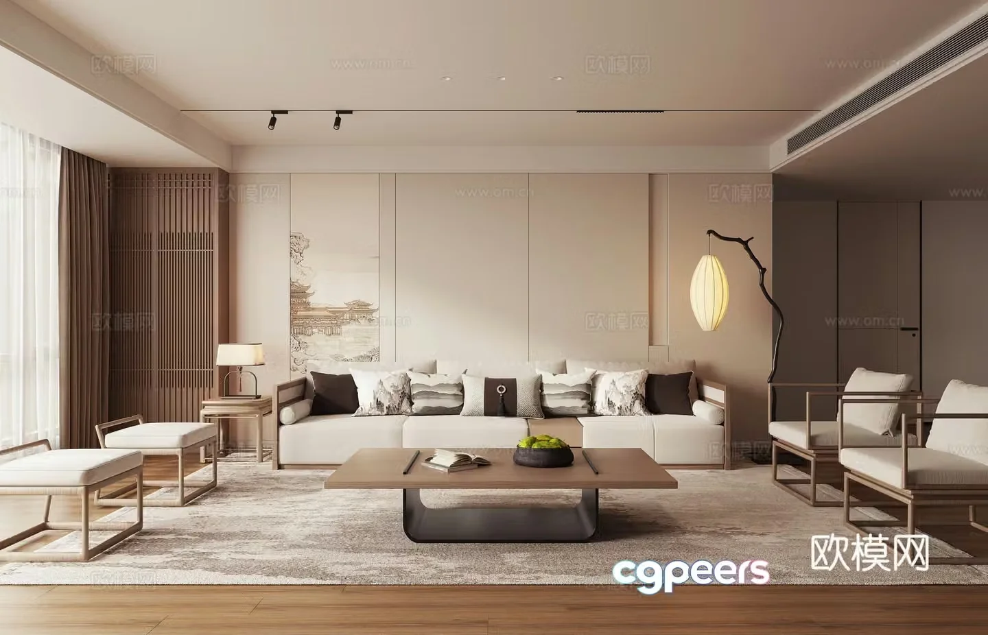 New Chinese Zen Living Room Combination Sofa Leisure Chair Coffee Table 3D Model