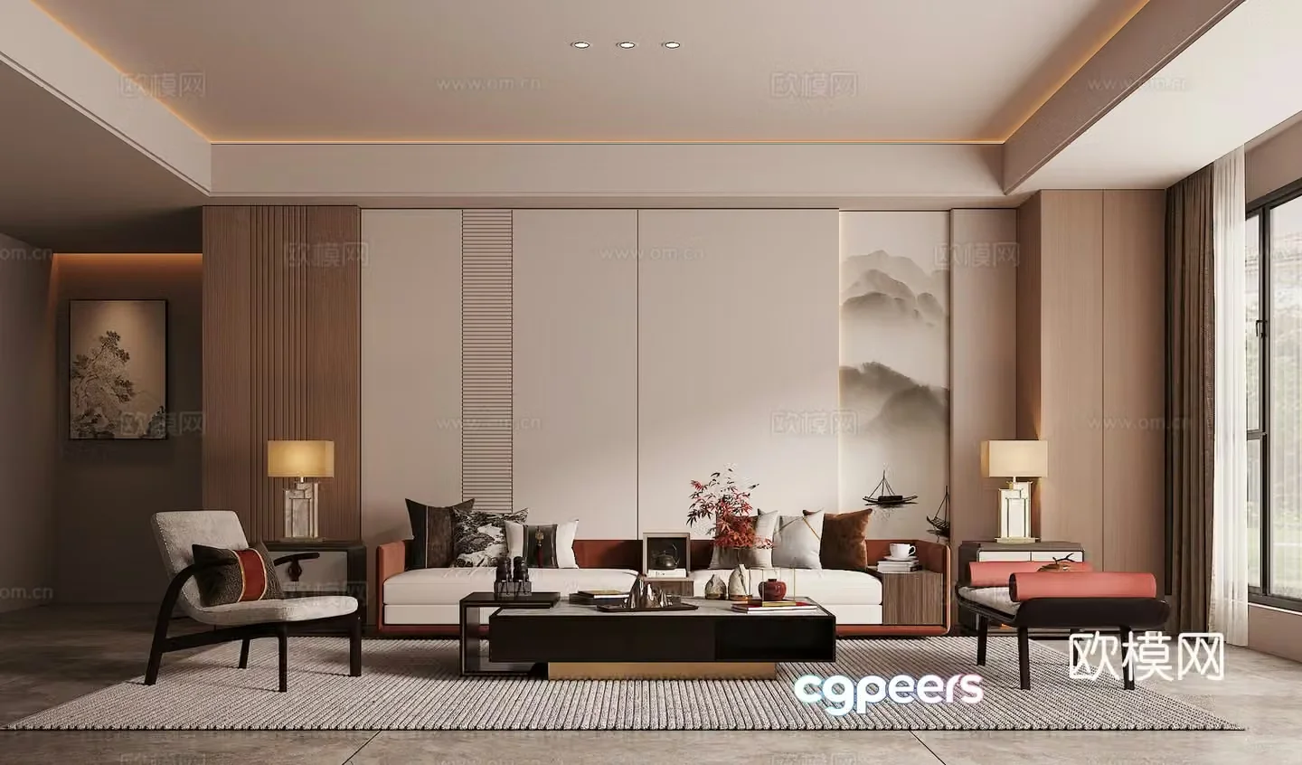 New Chinese living room sofa and coffee table combination green plants accessories desk lamp background wall 3D model