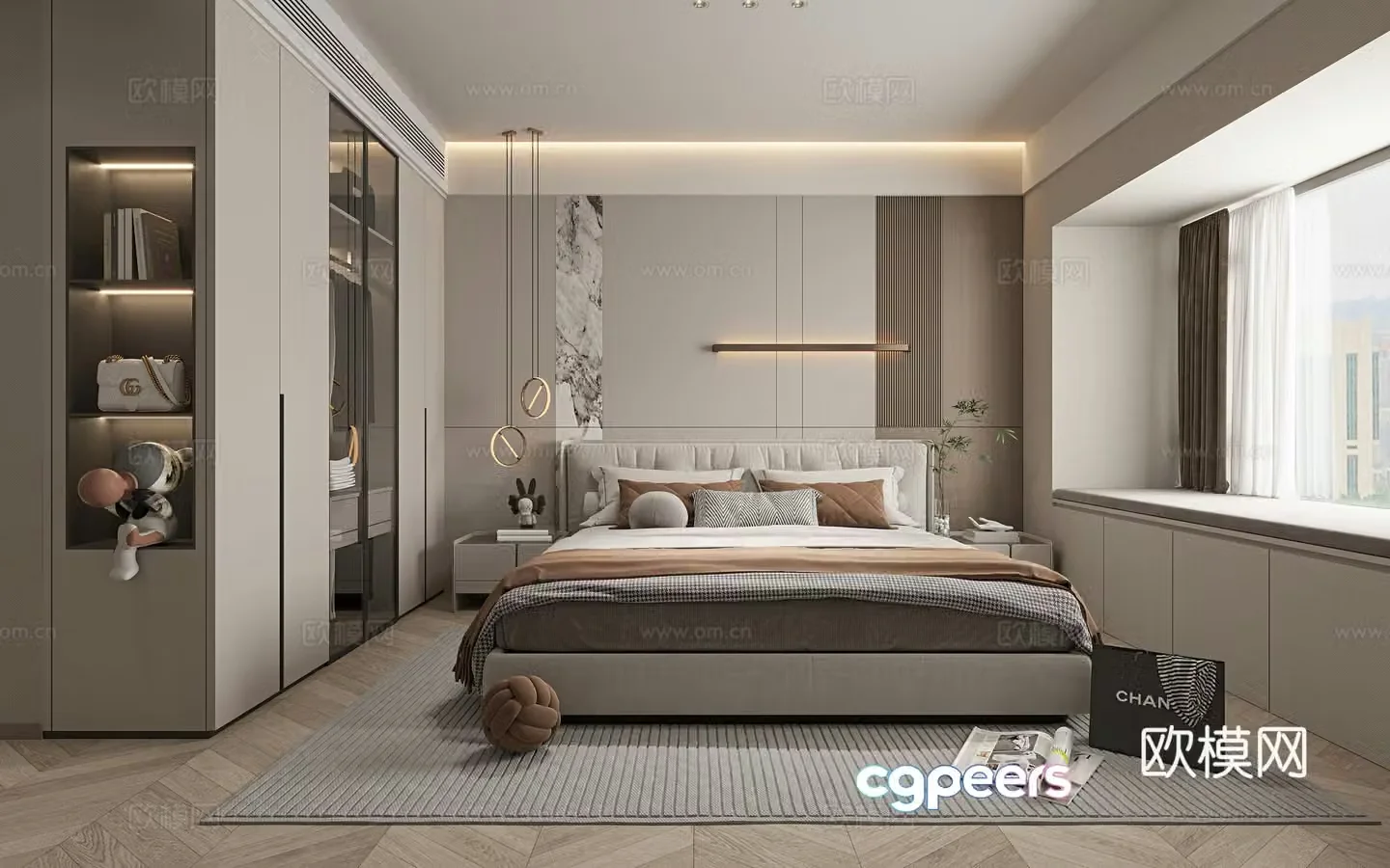 Modern bedroom fabric bed desk wardrobe bedside background wall 3d model