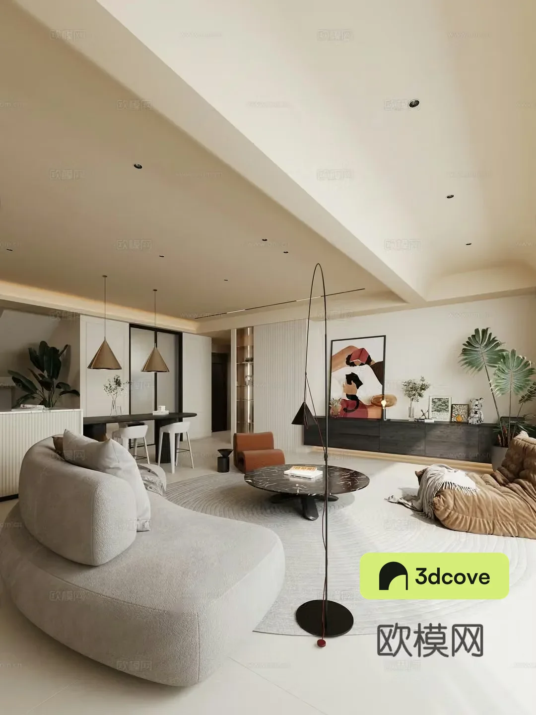 Creamy minimalist living and dining room sofa and coffee table combination dining table and chair combination TV cabinet round carpet