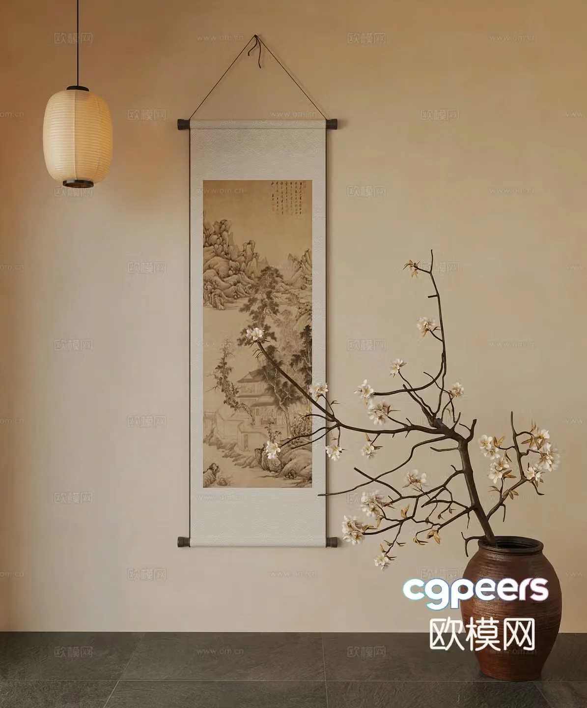New Chinese style decorative painting pottery jar vase flower art dry branches tree branches small chandelier 3d model