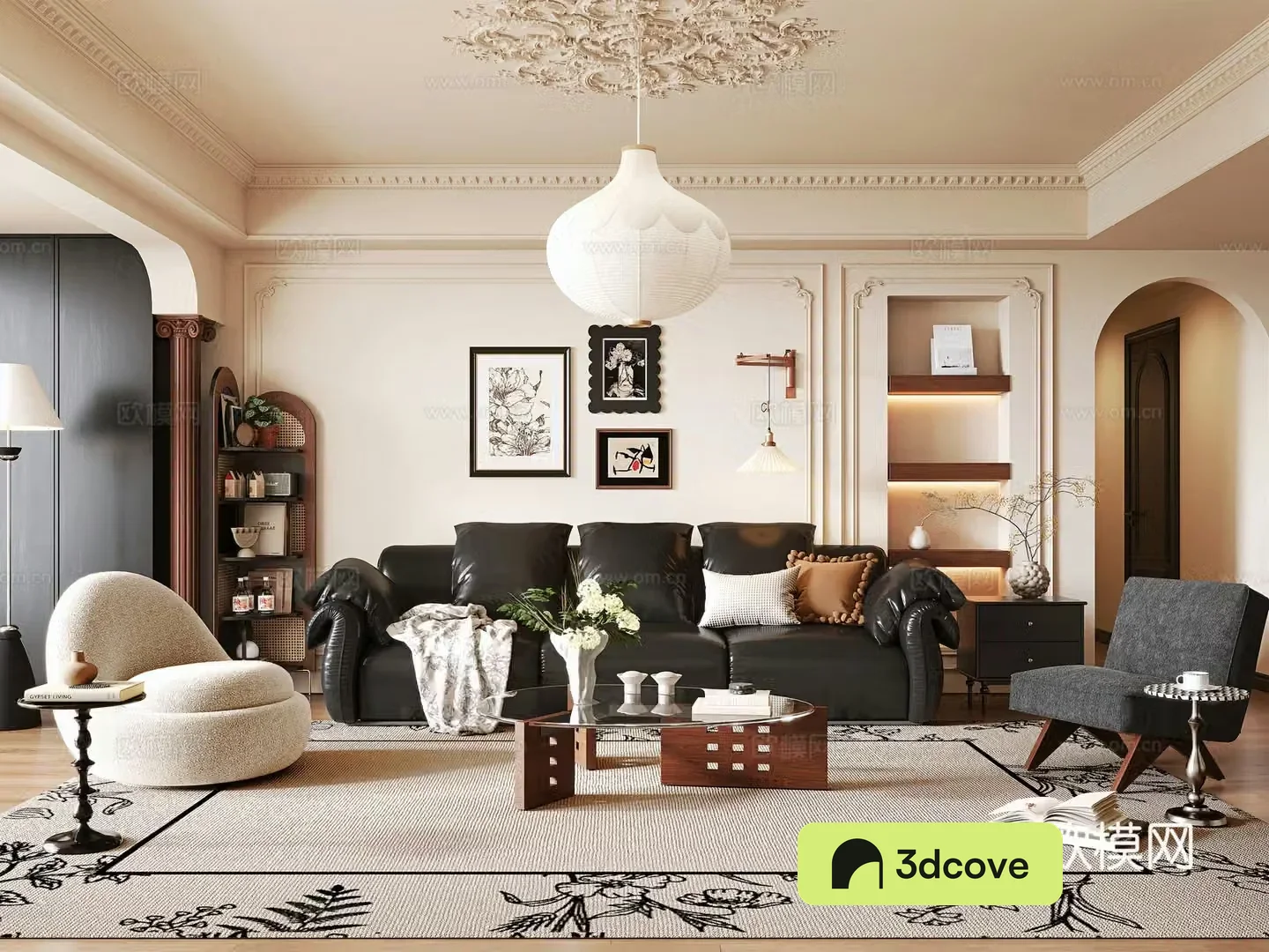 French medieval style living room leather French sofa leisure chair round coffee table side table bookshelf