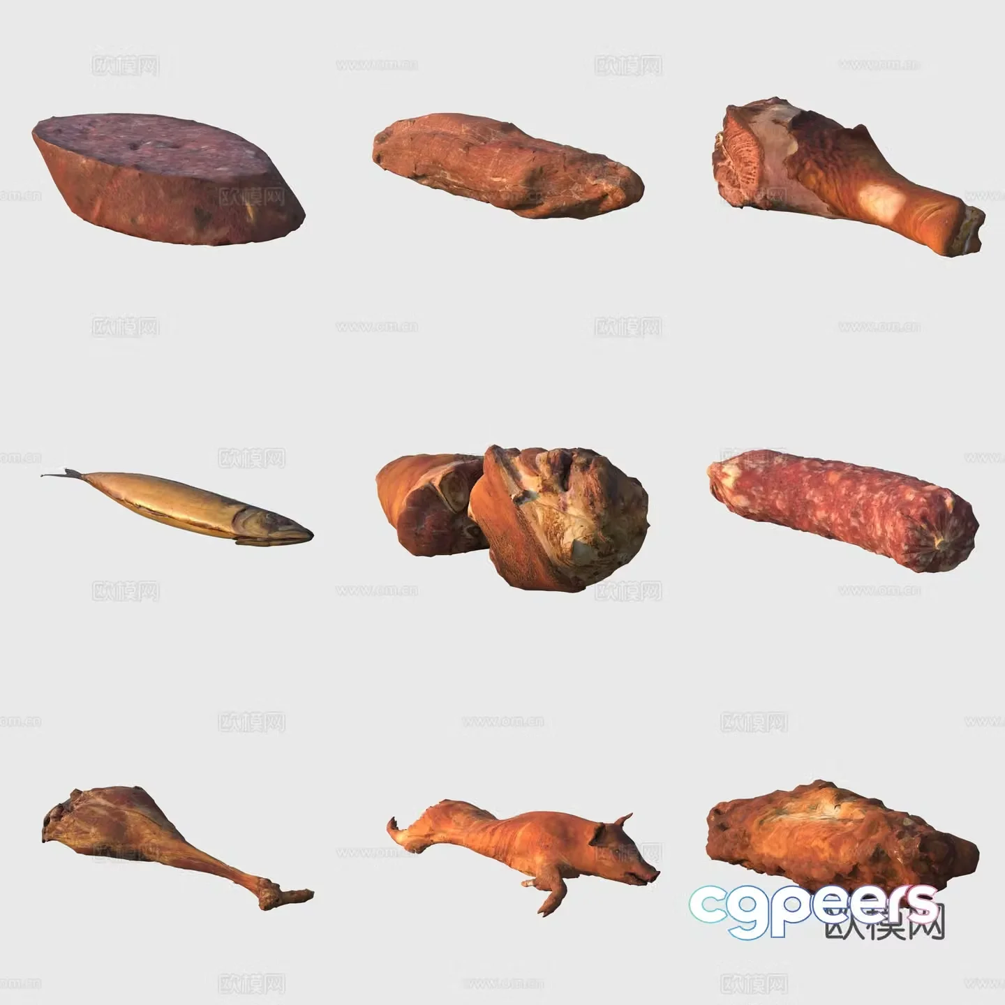 Food smoked sausages bacon ham bacon fish 3d model