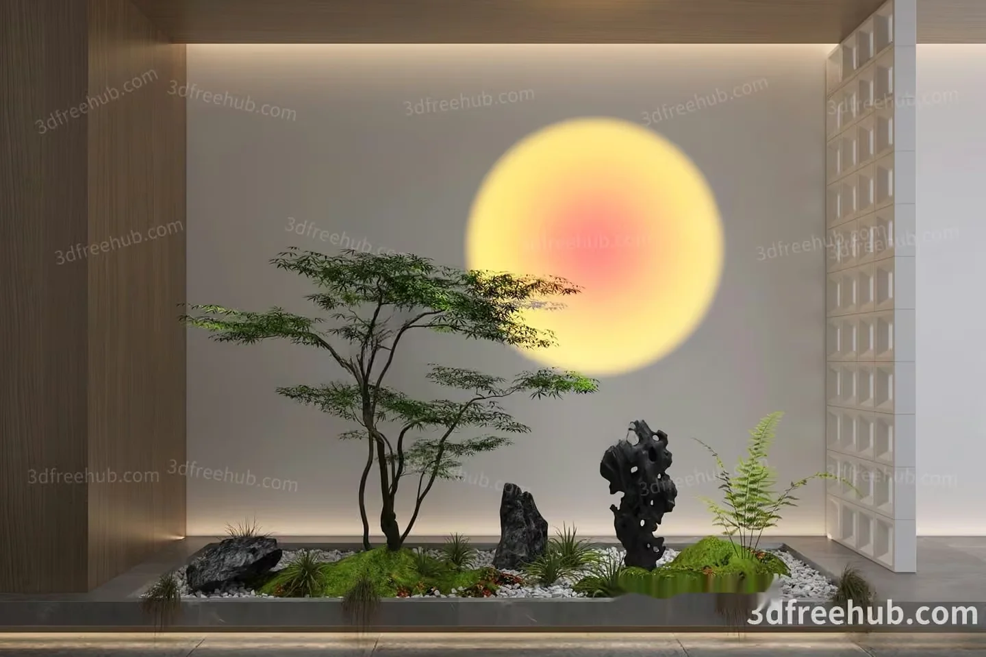 A Serene Japanese Garden Scene Featuring A Large Tree And A Sunset 3D Model – 21228 – VRAY Render