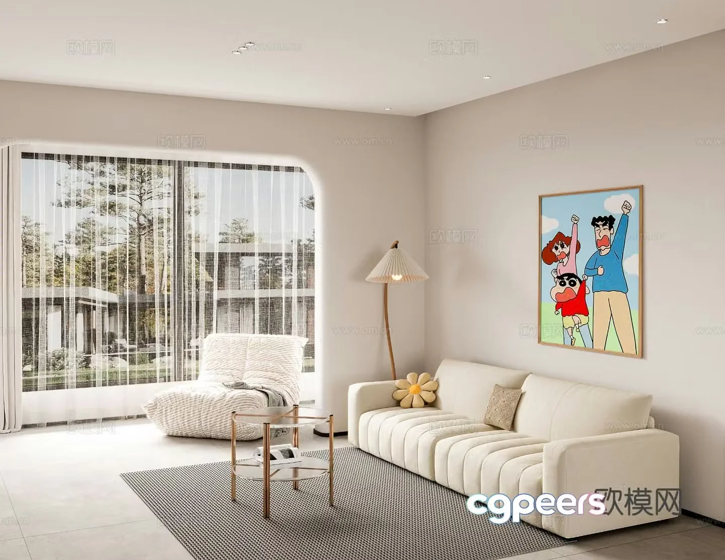 Cream style double sofa lazy sofa Crayon Shin-chan hanging painting 3D model
