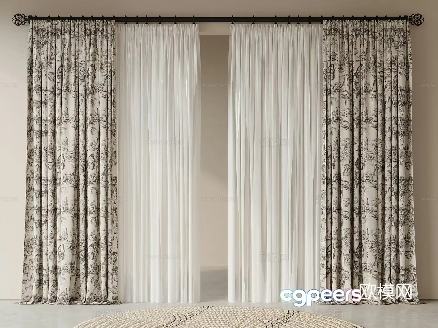 French retro curtain floral curtain 3d model