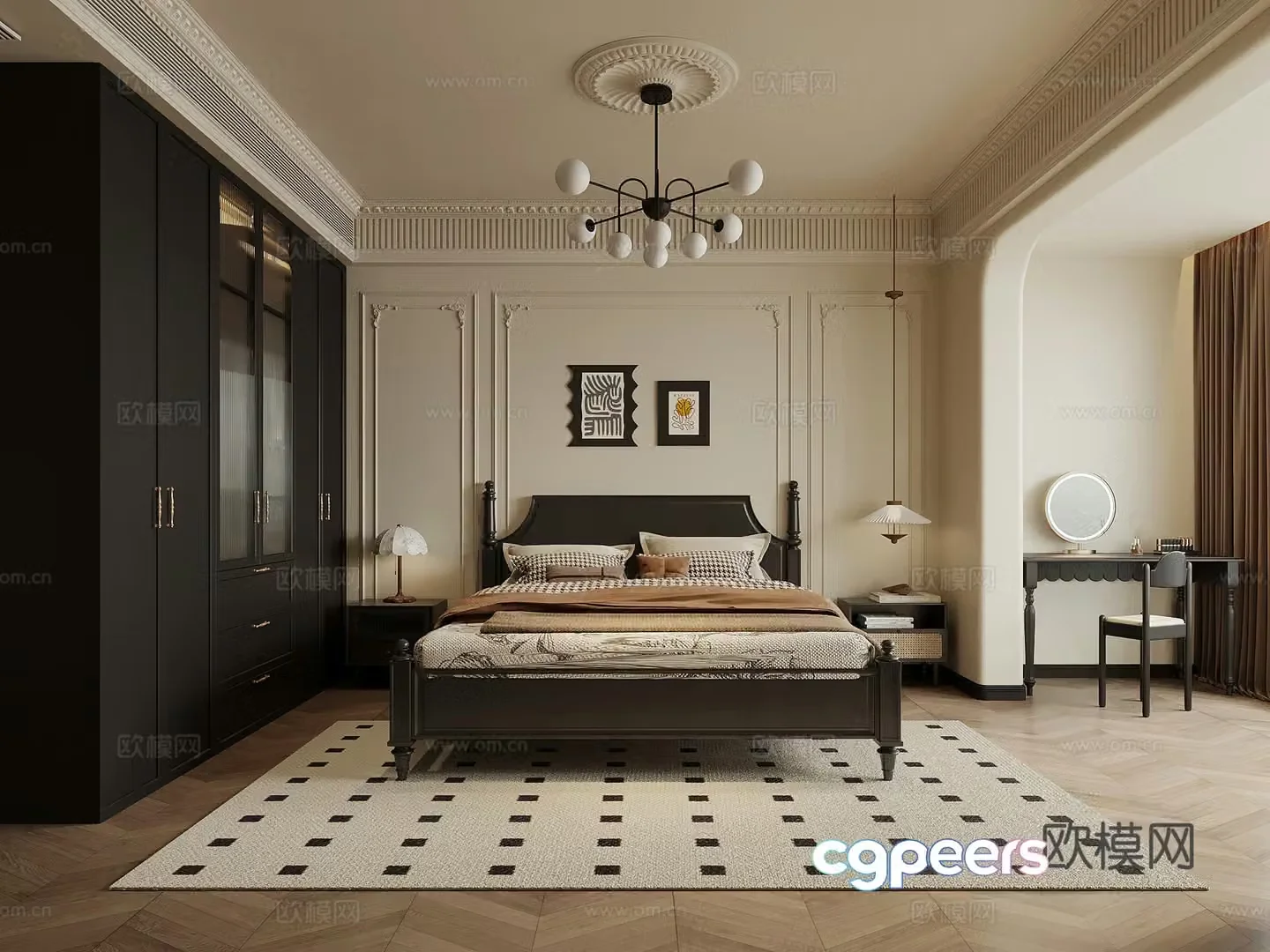 French retro style bedroom double bed nightstand wardrobe dressing table 3d model