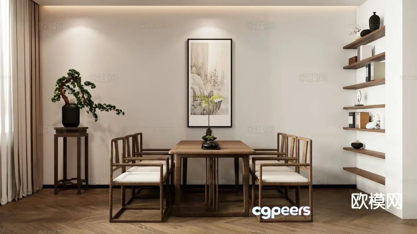 New Chinese style tea table and chairs wooden table 3d model